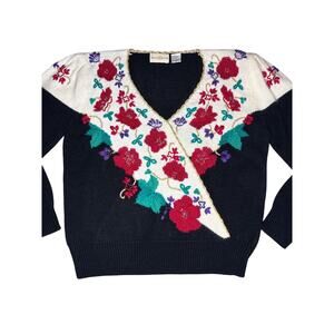 Jaclyn Smith 90’s Vintage Beaded Floral Puff sleeve sweater Sz Large